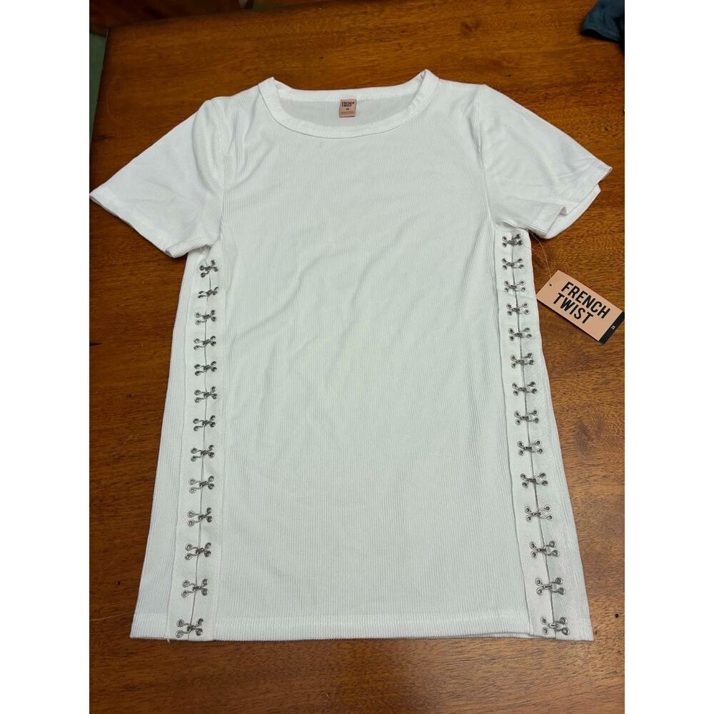 French Twist Women's White Ribbed Top Lace Up Sides Short‎ Sleeve NWT 2X